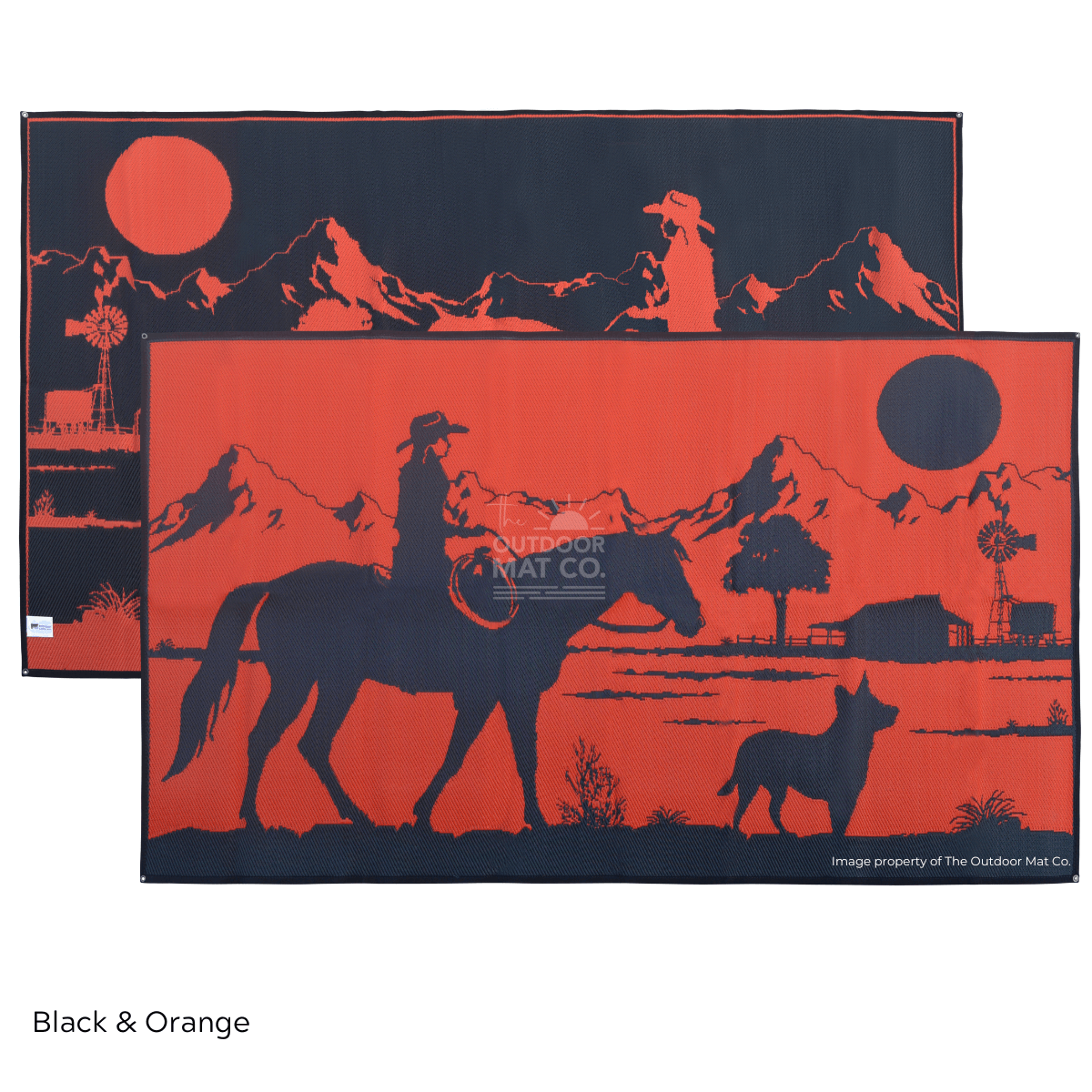 Black and orange recycled outdoor mat with cowboy, horse, dog, mountains, and windmill design for camping or beach use