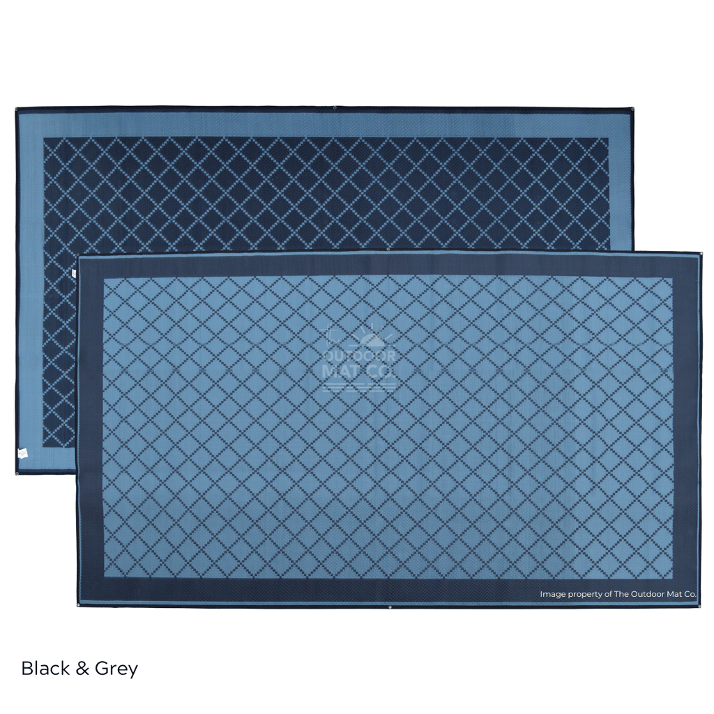 Blue and black recycled outdoor mat with diamond pattern, ideal for camping, beach, or picnics