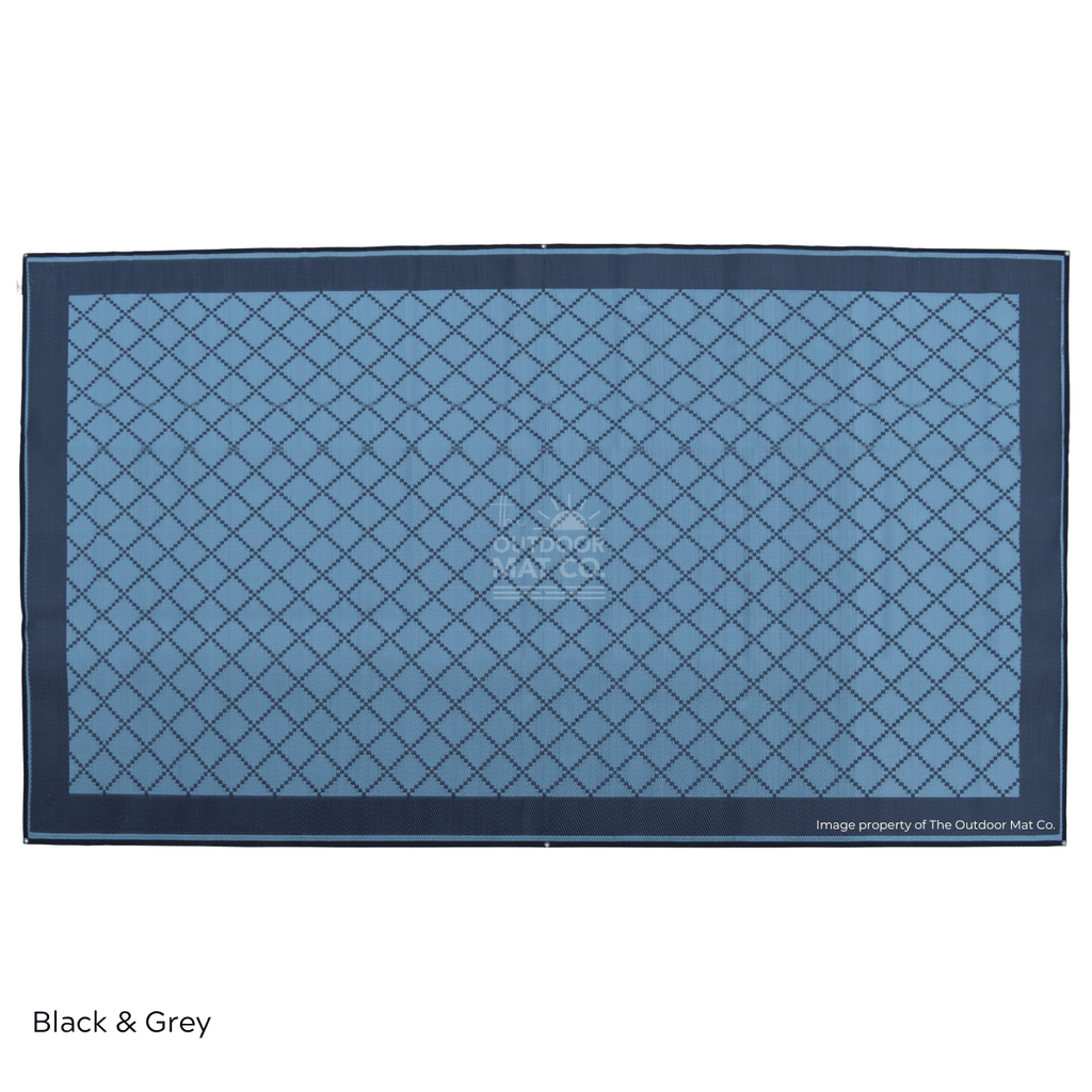 Blue outdoor mat with black diamond pattern, eco-friendly for beach, camping, picnics, caravan use