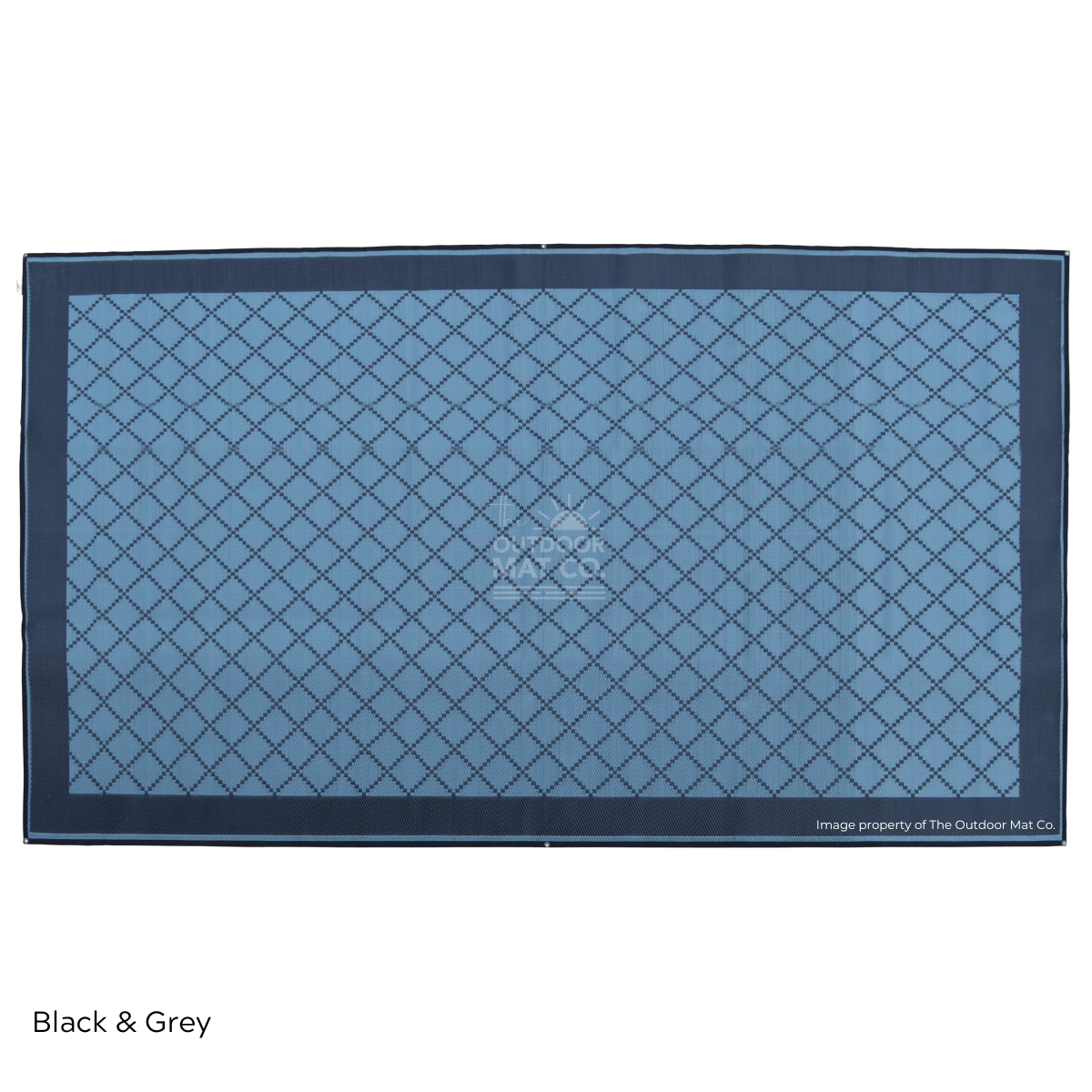 Blue outdoor mat with black diamond pattern, eco-friendly for beach, camping, picnics, caravan use