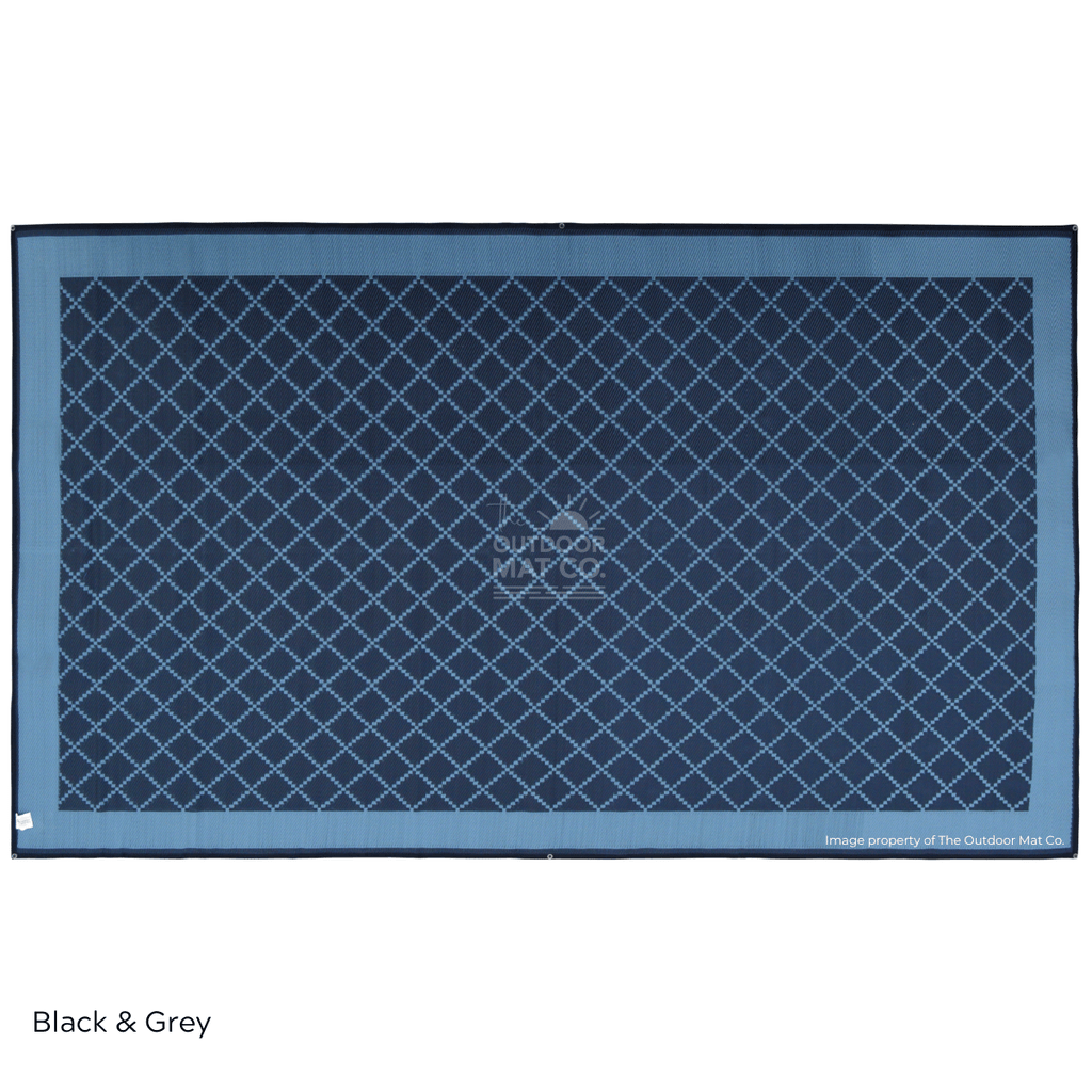 Recycled outdoor mat with blue diamond pattern, ideal for beach, camping, picnics, and caravans