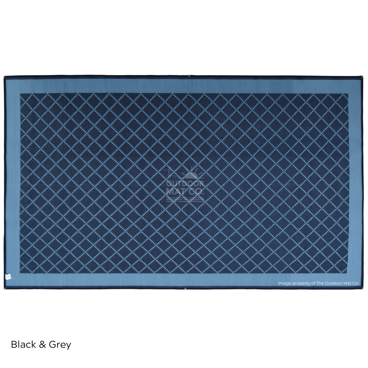 Recycled outdoor mat with blue diamond pattern, ideal for beach, camping, picnics, and caravans
