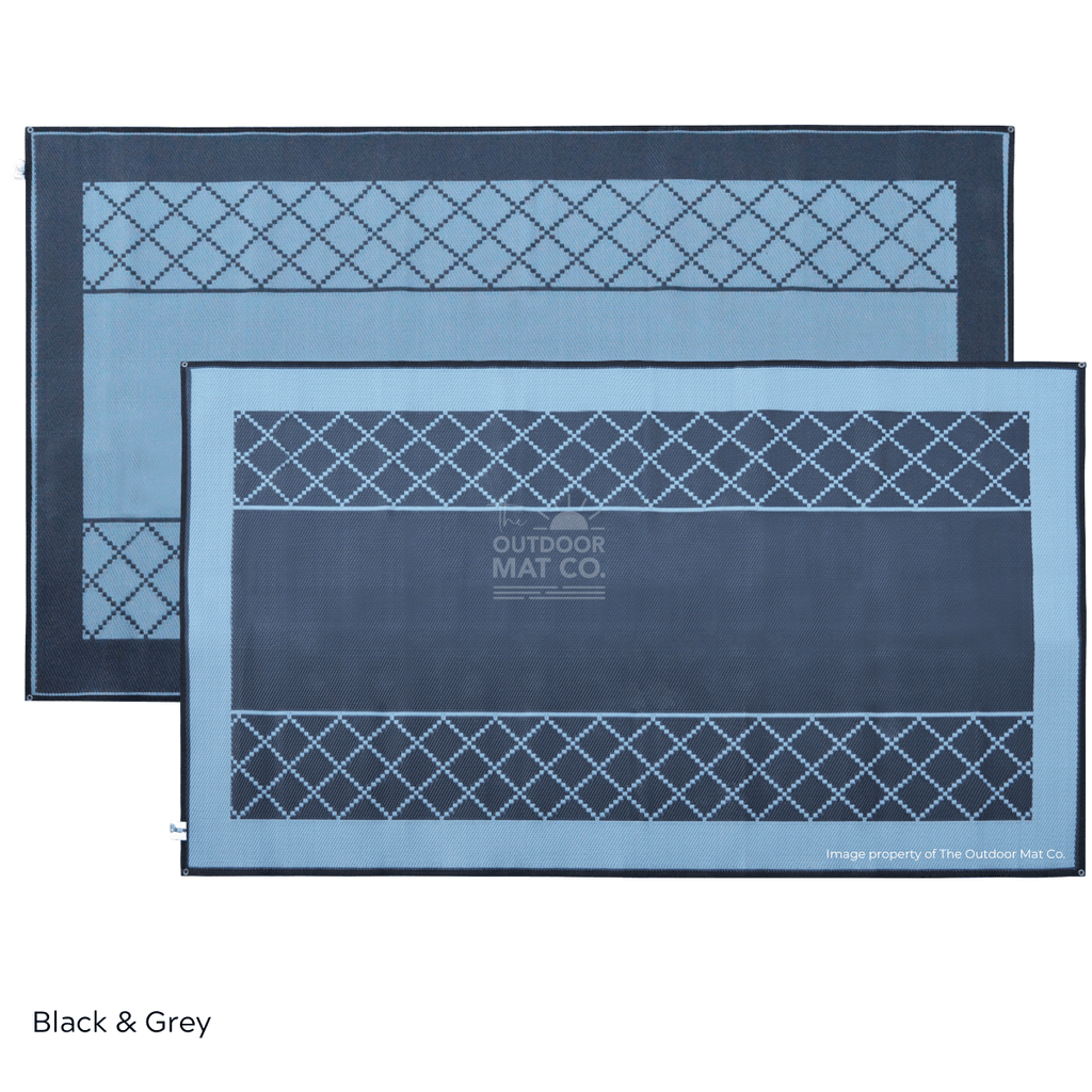 Black and grey recycled outdoor mat with diamond pattern, ideal for camping, beach, or picnics