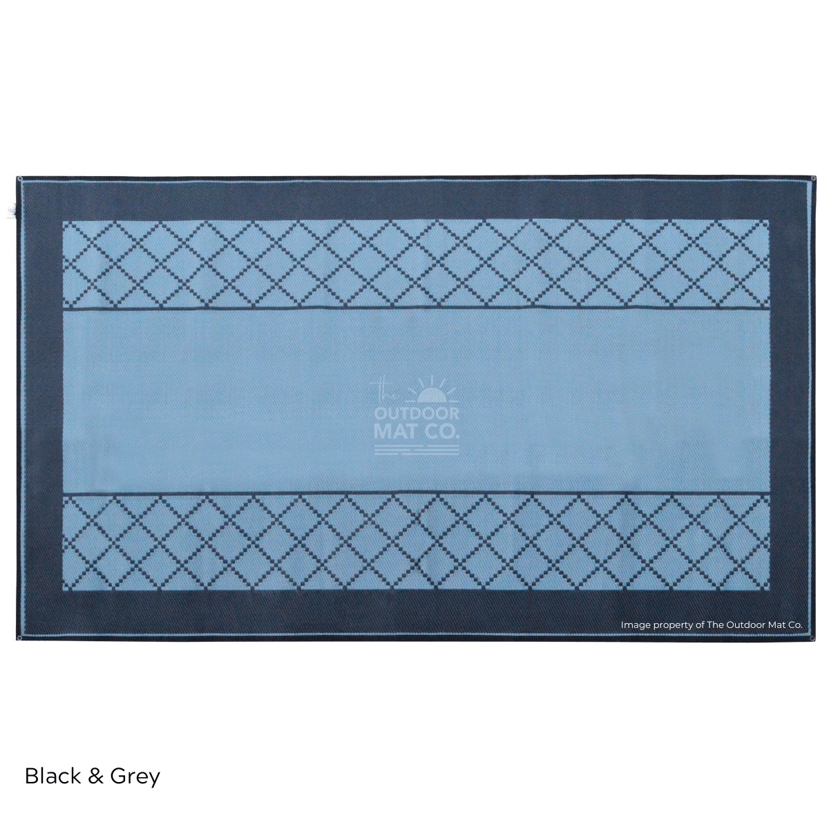 Black and grey recycled outdoor mat with diamond pattern, ideal for camping, beach, or picnics