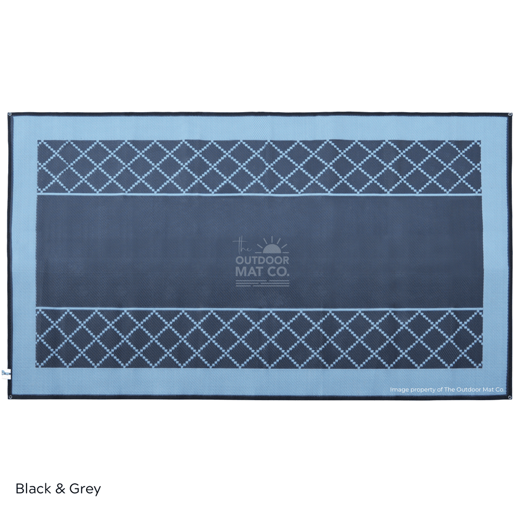 Black and grey recycled outdoor mat with diamond pattern, ideal for beach, camping, picnics, and caravans