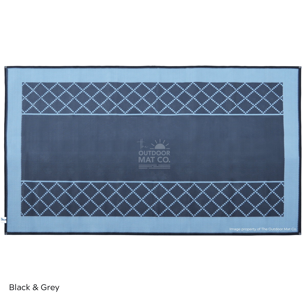 Black and grey recycled outdoor mat with diamond pattern, ideal for beach, camping, picnics, and caravans