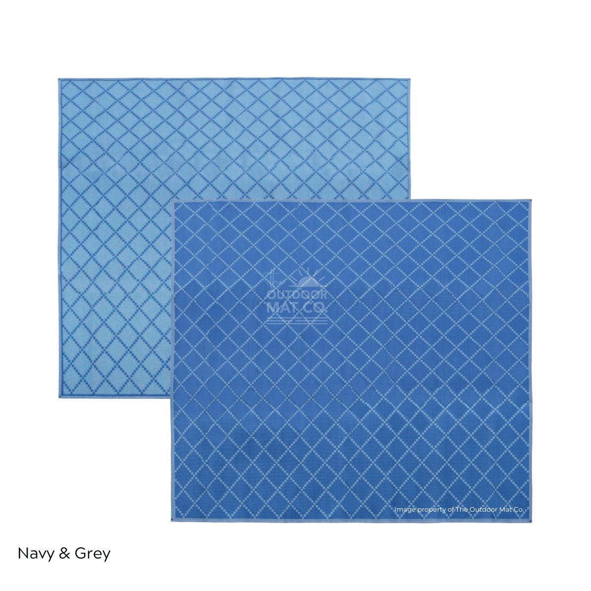 Navy & grey recycled outdoor mats with diamond pattern, ideal for beach, camping, picnics, and caravans