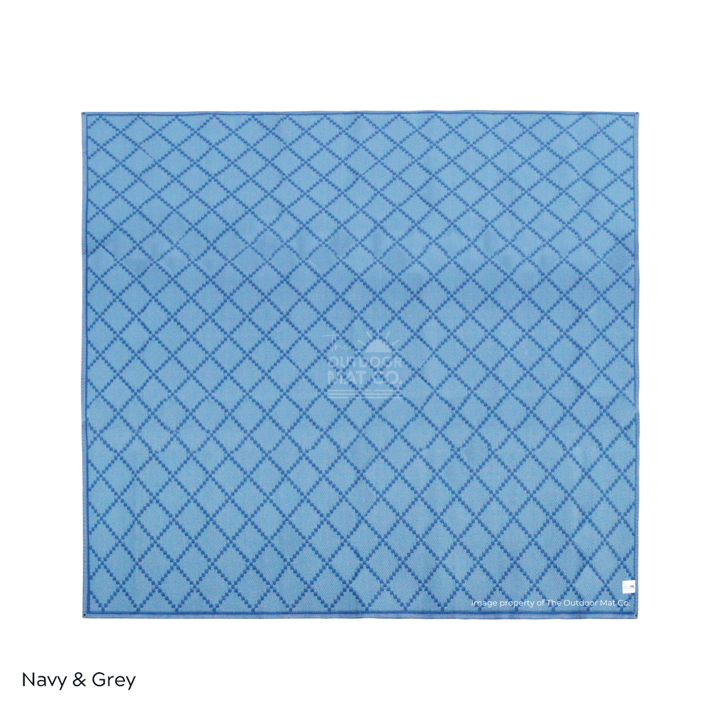 Navy & grey recycled outdoor mat with diamond pattern, ideal for beach, camping, picnics, and caravans