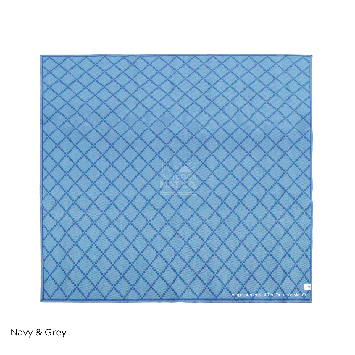 Navy & grey recycled outdoor mat with diamond pattern, ideal for beach, camping, picnics, and caravans