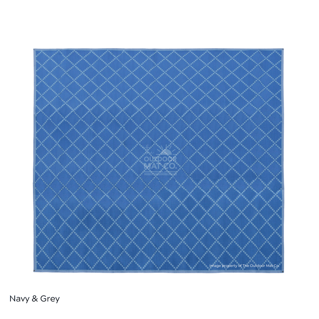 Navy & grey recycled outdoor mat with diamond pattern, ideal for beach, camping, picnics, and caravans.