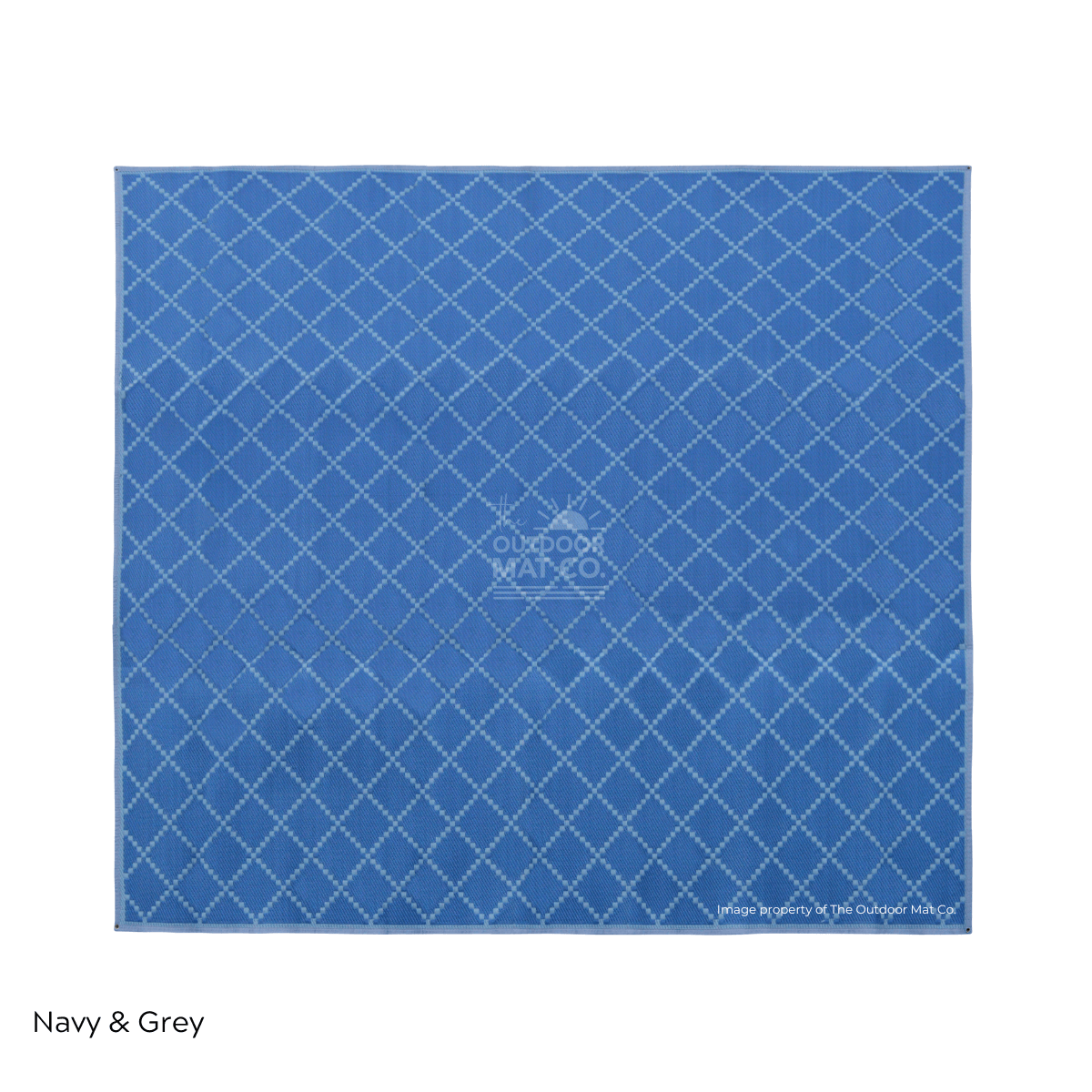 Navy & grey recycled outdoor mat with diamond pattern, ideal for beach, camping, picnics, and caravans.