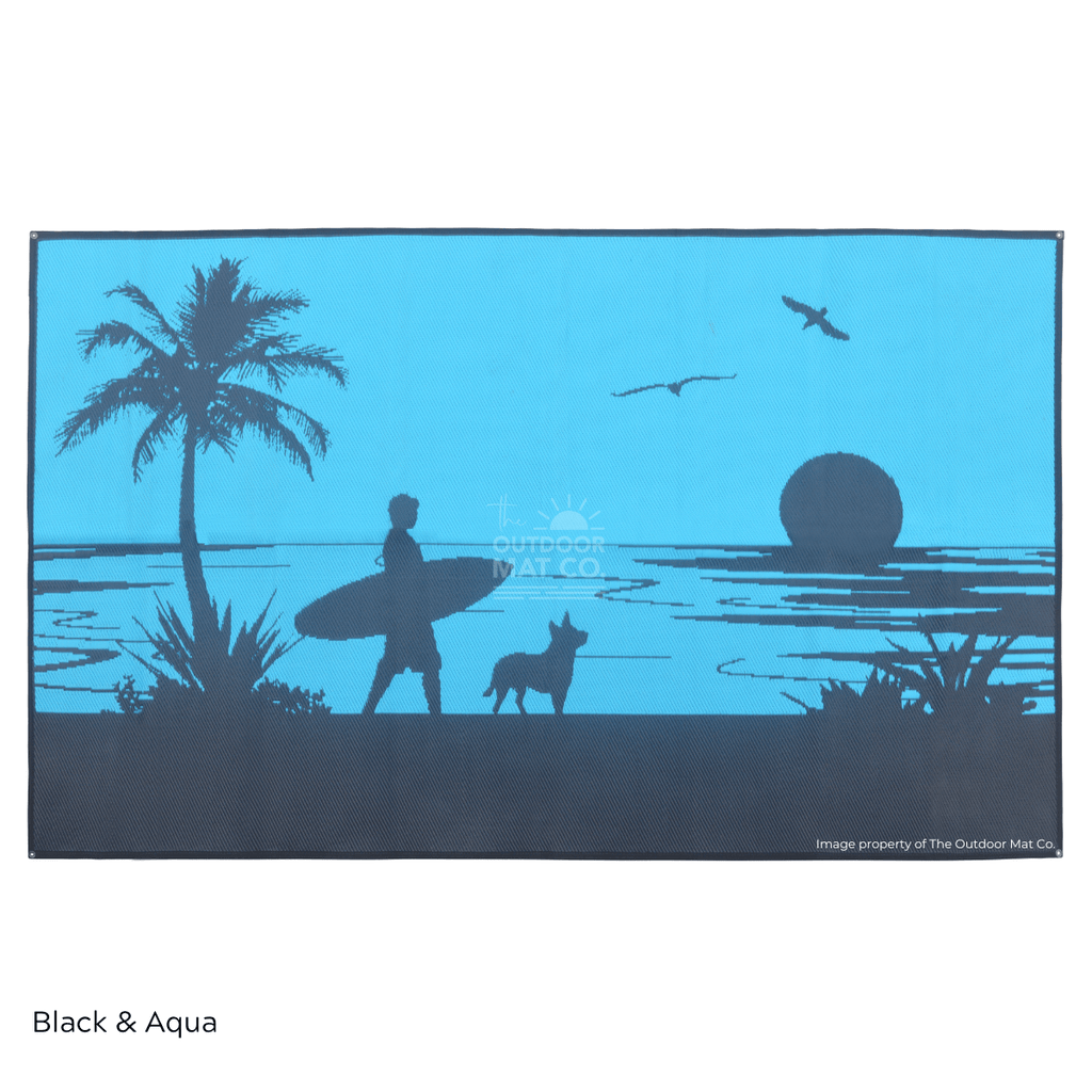 Black & aqua outdoor mat with surfer, dog, palm tree, and sunset design for beach, camping, picnics
