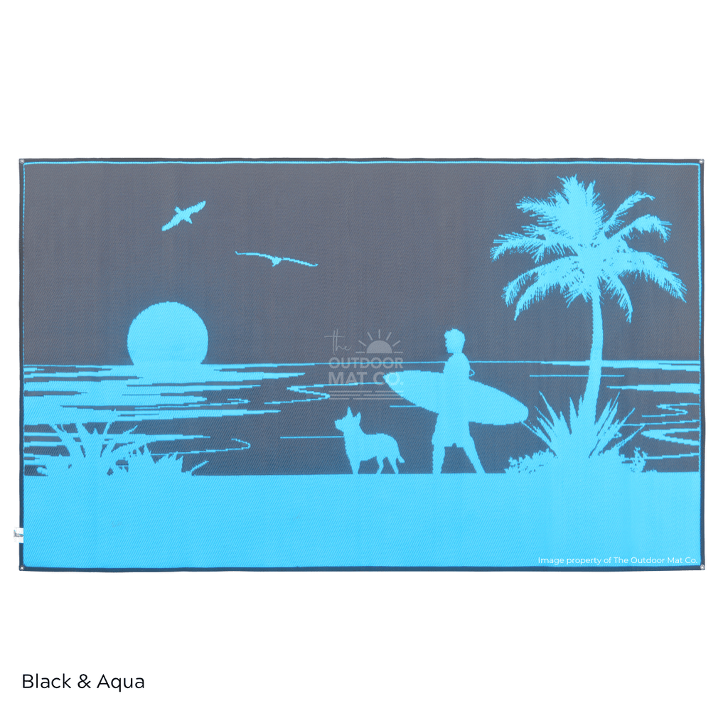 Black and aqua recycled outdoor mat with beach sunset, surfer, dog, palm tree design for camping, picnics, beach days