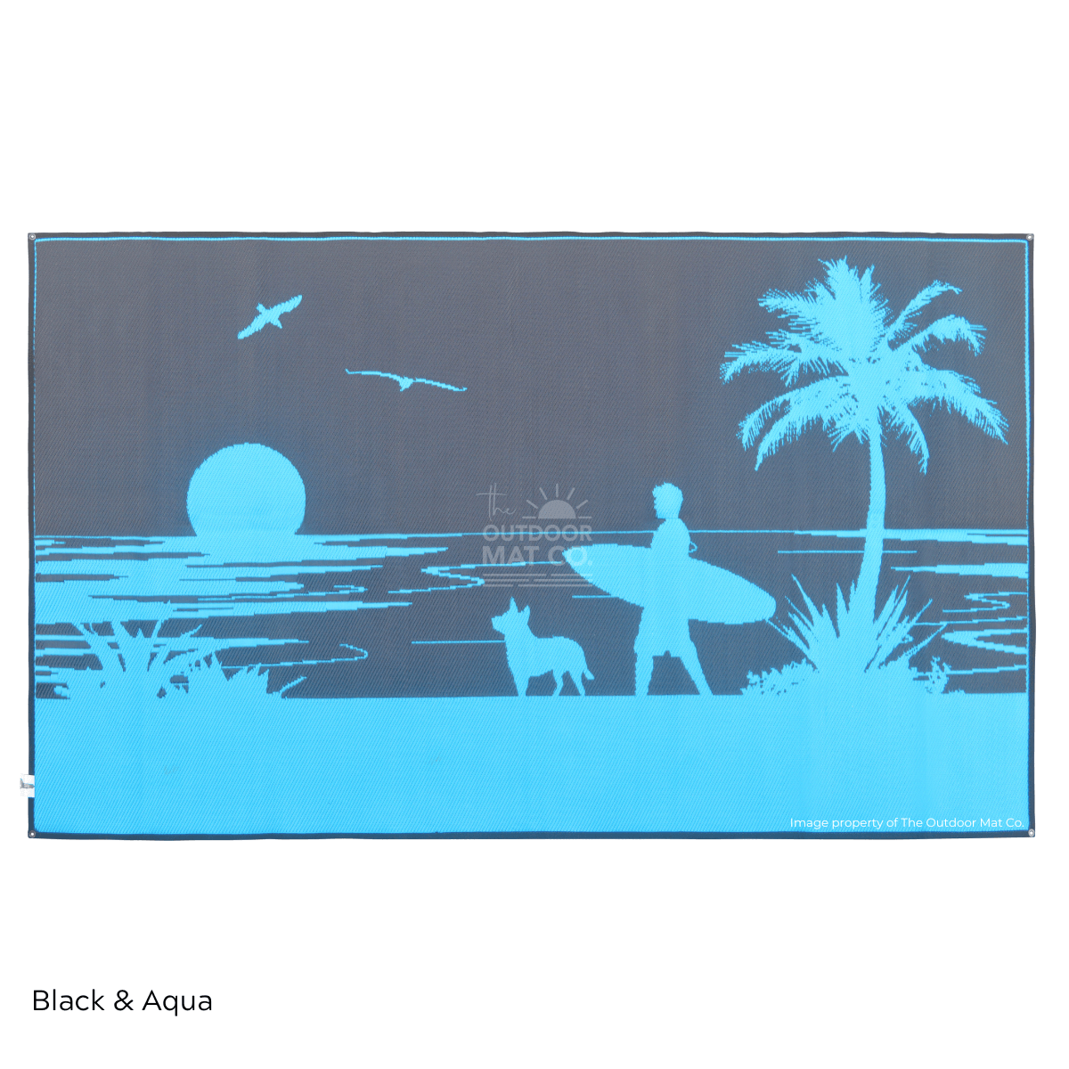 Black and aqua recycled outdoor mat with beach sunset, surfer, dog, palm tree design for camping, picnics, beach days