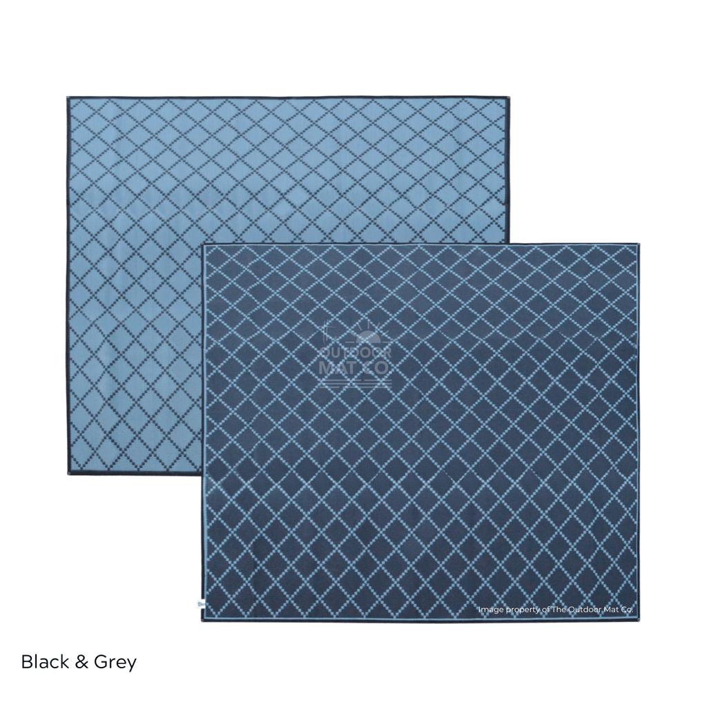 Recycled outdoor mats in black & grey diamond patterns, ideal for beach, camping, picnics, and caravans