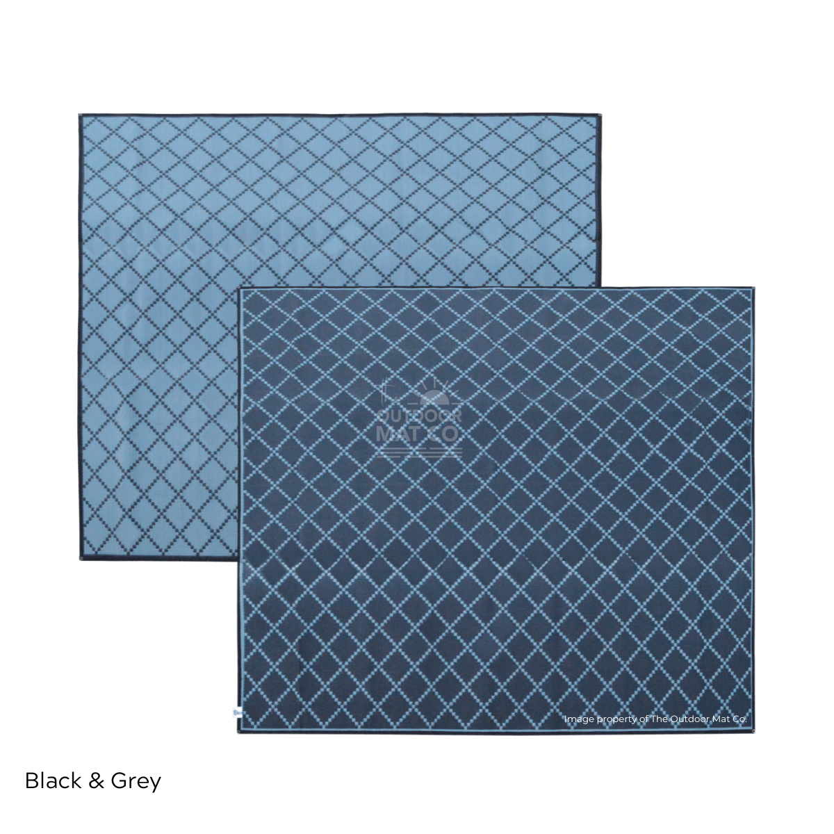 Recycled outdoor mats in black & grey diamond patterns, ideal for beach, camping, picnics, and caravans