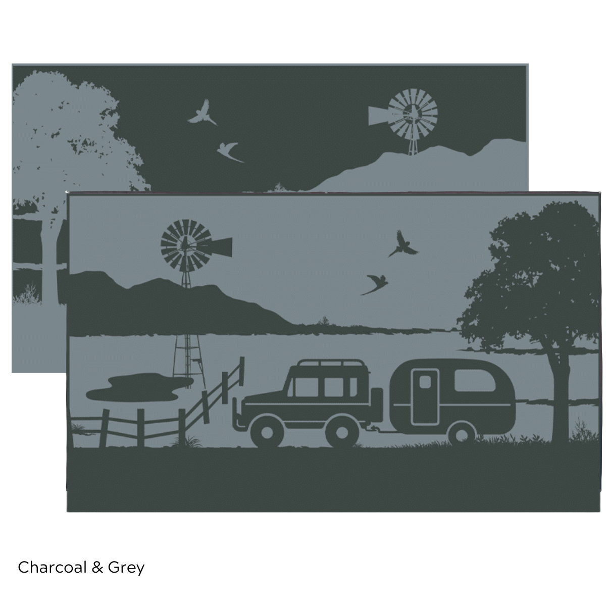 Charcoal & grey outdoor mat with caravan, SUV, windmill, and nature scene for camping or beach use