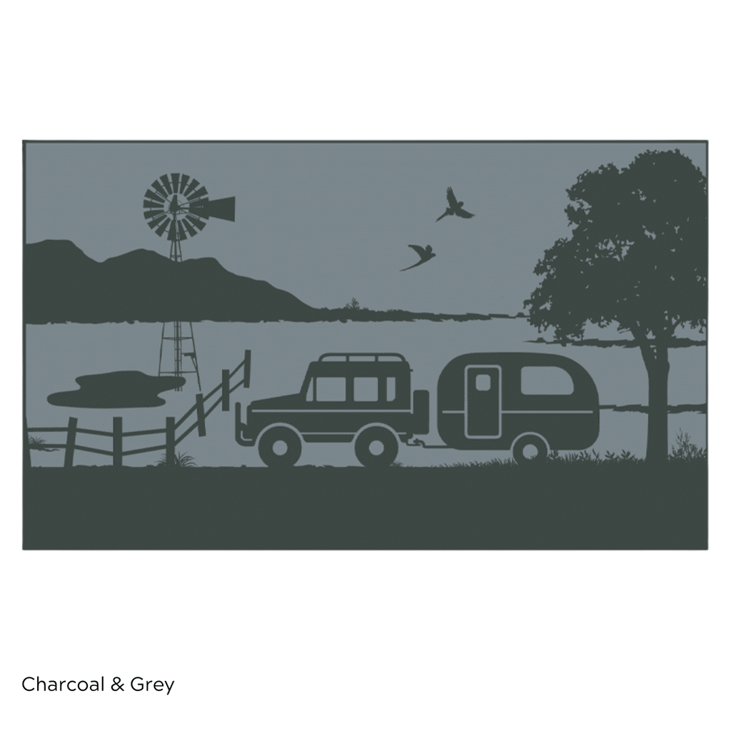 Charcoal & grey outdoor mat design with caravan, SUV, windmill, and nature scene for camping or beach use