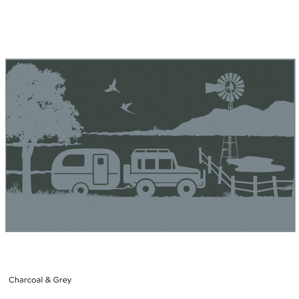 Charcoal & grey outdoor mat with caravan, SUV, windmill, and tree design for camping or picnics