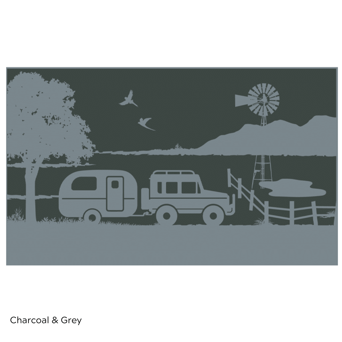 Charcoal & grey outdoor mat with caravan, SUV, windmill, and tree design for camping or picnics