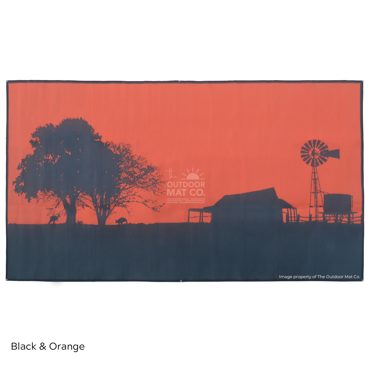 Black and orange recycled outdoor mat with farm silhouette, perfect for camping, beach, or picnics