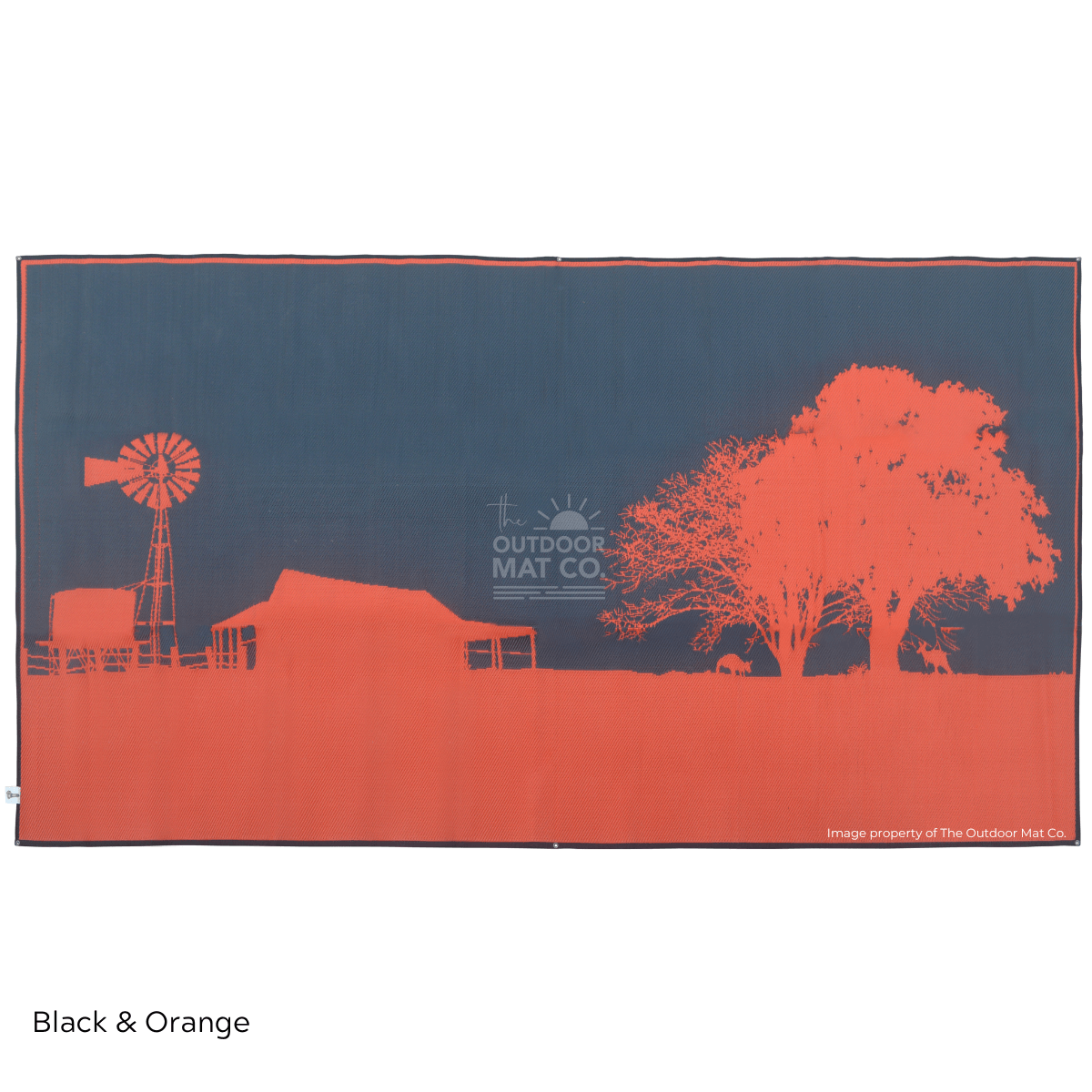 Black and orange recycled outdoor mat with farm silhouette, perfect for camping, beach, or picnics