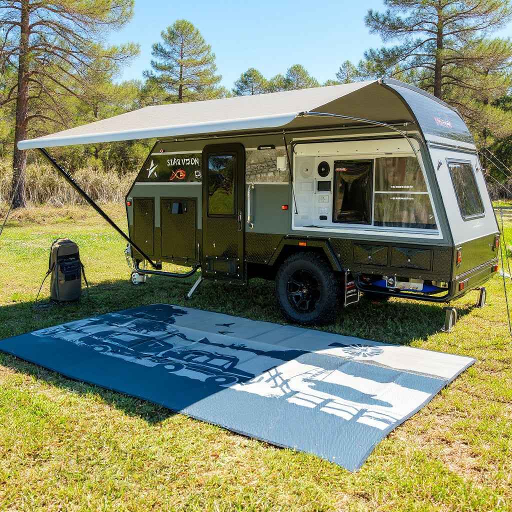 Recycled outdoor mat for camping beside caravan on grass, eco-friendly & sand-proof design