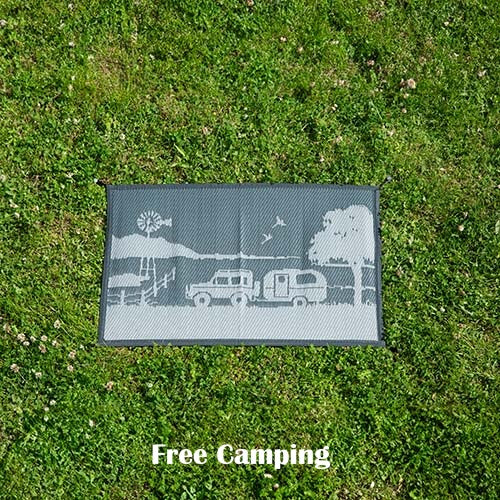 Recycled outdoor mat with camping scene, perfect for grass, picnics, or beach days