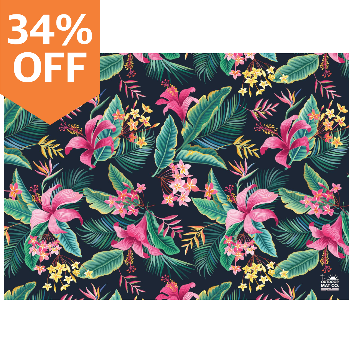 Tropical floral outdoor mat with pink hibiscus, green leaves, and 34% off sale tag — perfect for beach, camping, picnics