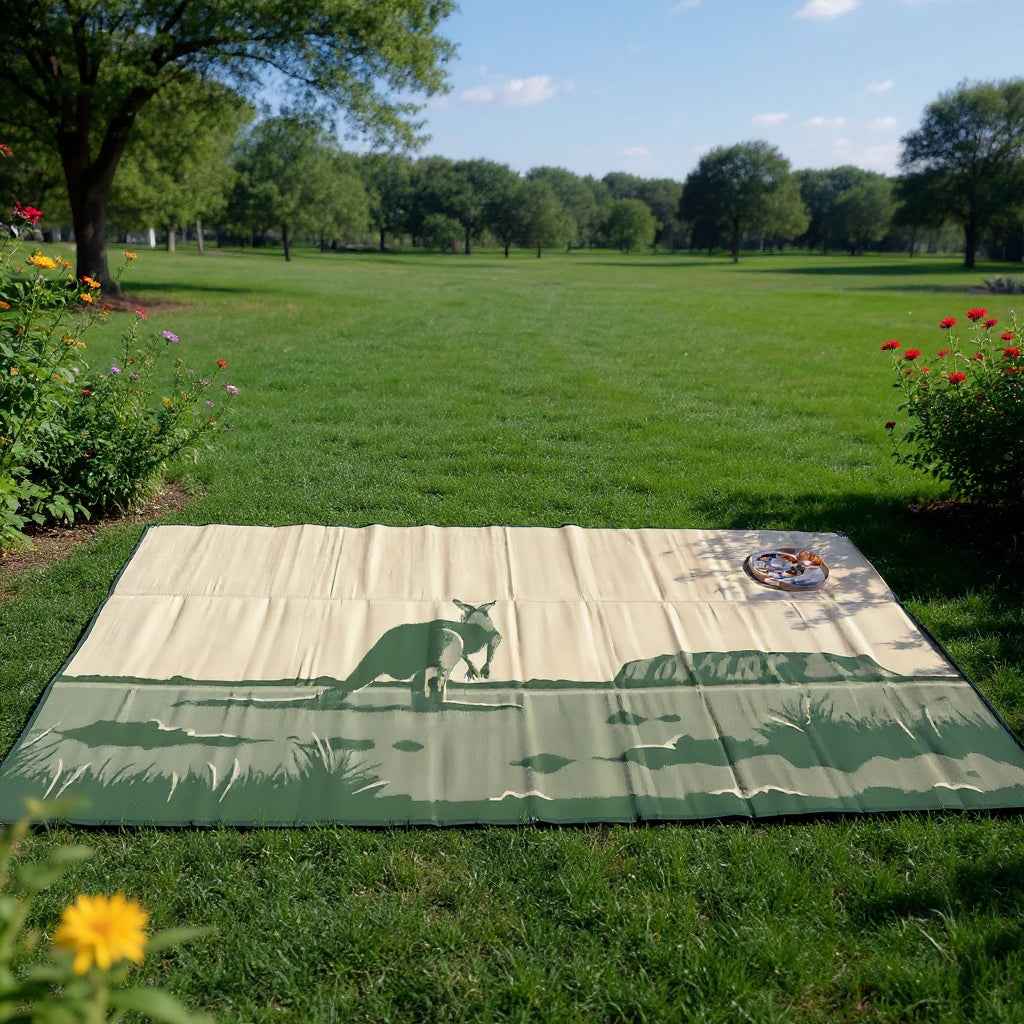Eco-friendly outdoor mat with kangaroo design on grass, perfect for picnics and camping