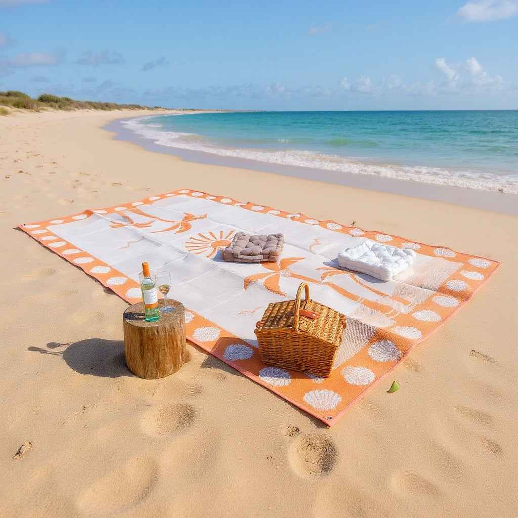 Orange and white patterned outdoor mat on sandy beach with picnic basket, cushions, and wine, perfect for beach days