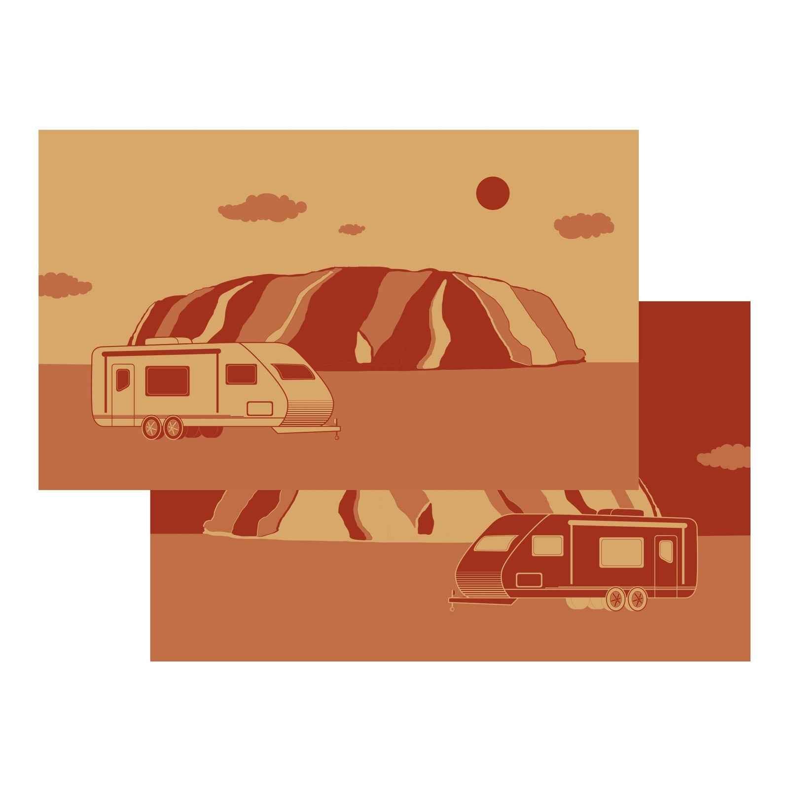 Caravan camping under desert sun with recycled outdoor mats for adventures