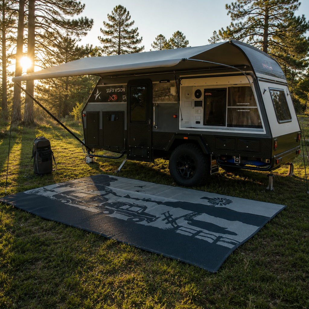Recycled outdoor mat under caravan awning in forest, perfect for camping and picnics
