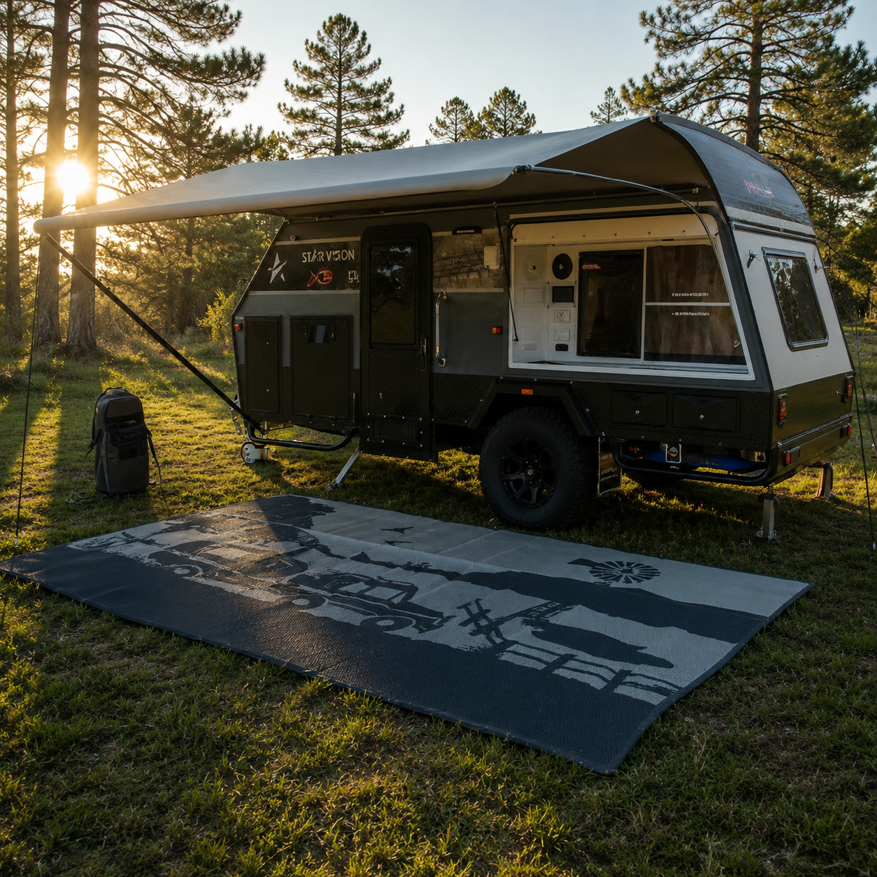 Recycled outdoor mat under caravan awning in forest, perfect for camping and picnics