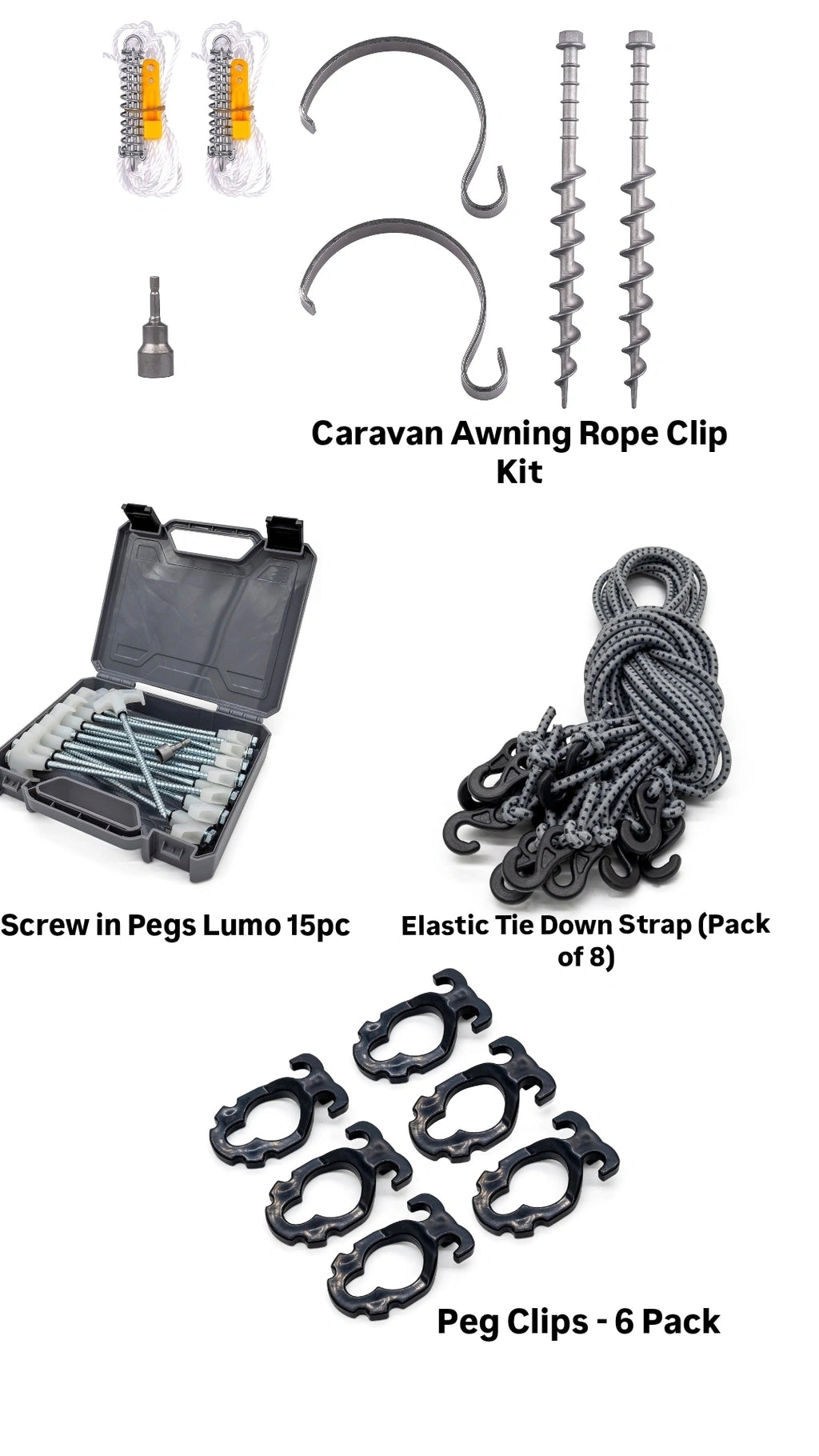 Caravan awning rope clips, screw-in pegs, elastic tie-down straps, and peg clips for outdoor camping gear