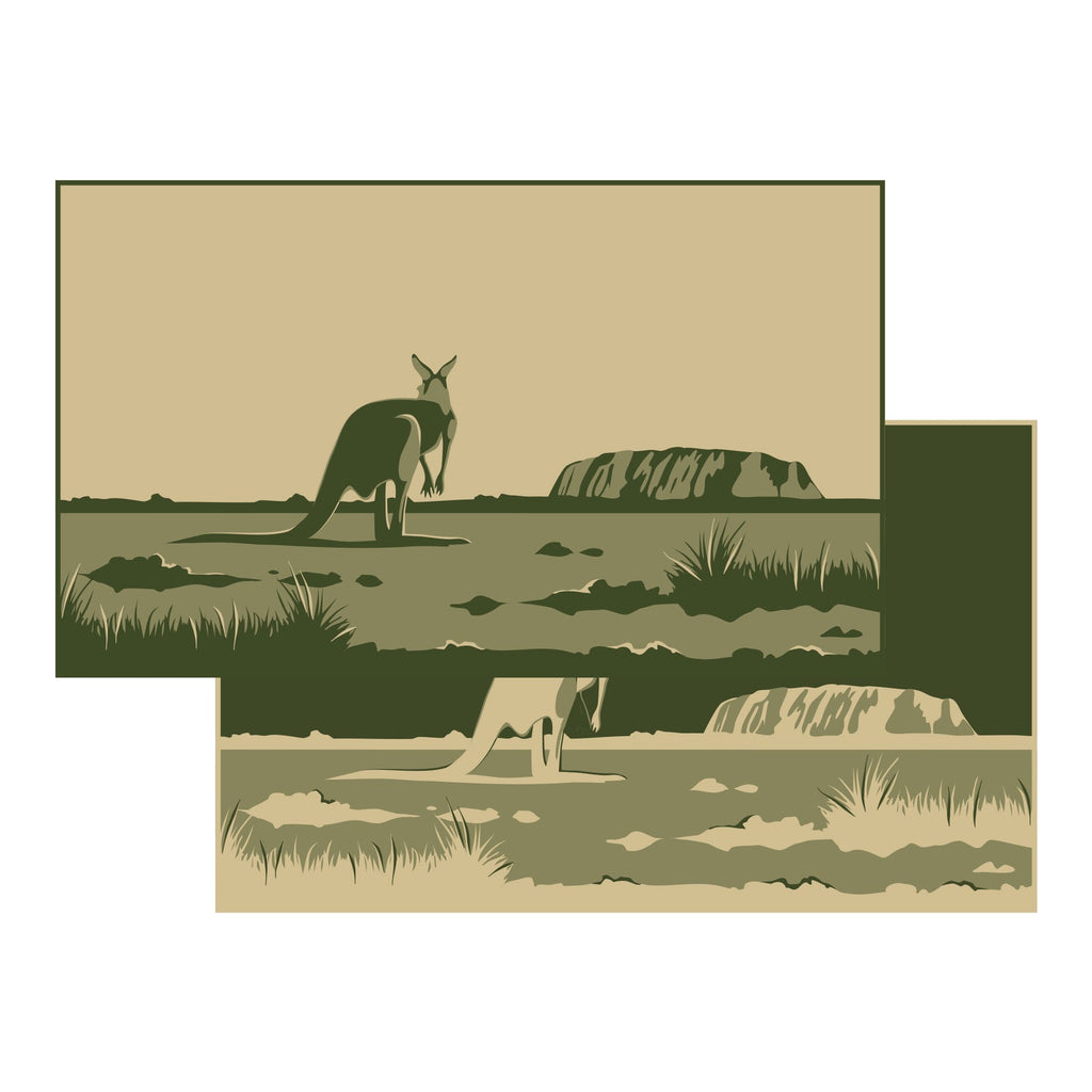 Kangaroo in Australian outback landscape, eco-friendly outdoor mat design for camping & picnics