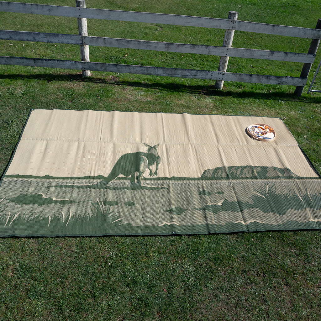 Eco-friendly outdoor mat with kangaroo design, perfect for picnics on grass, made from recycled materials
