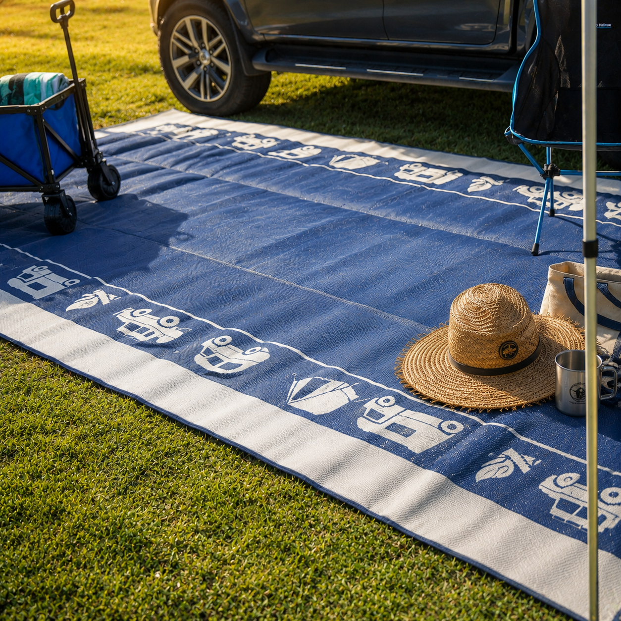 Blue recycled outdoor mat with caravan icons, perfect for picnics, camping, or beach days on grass.