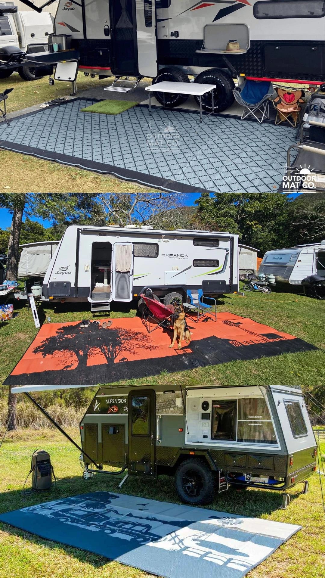 Recycled outdoor mats for camping, caravans & picnics — durable, sand-friendly, eco-friendly designs on grass