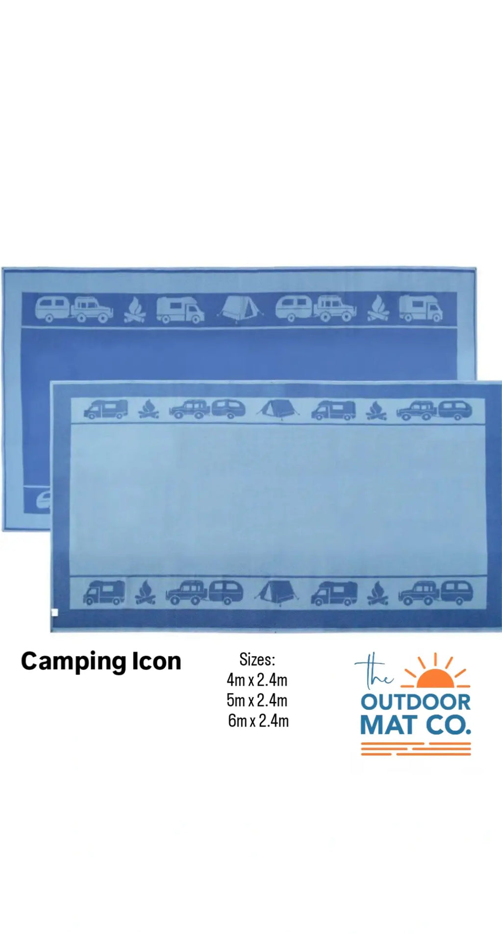 Blue recycled outdoor mat with camping icons, perfect for picnics, beach, or caravan trips.