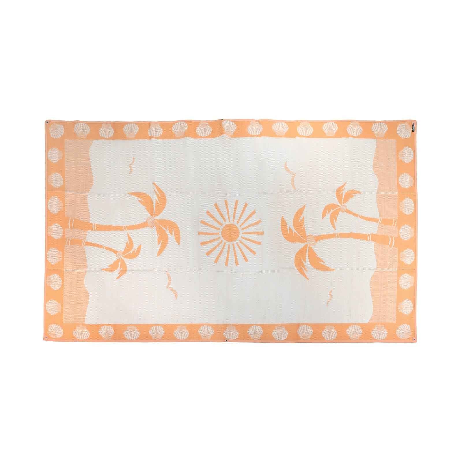 Orange and white recycled outdoor mat with palm trees, sun, and seashell border for beach or picnic use