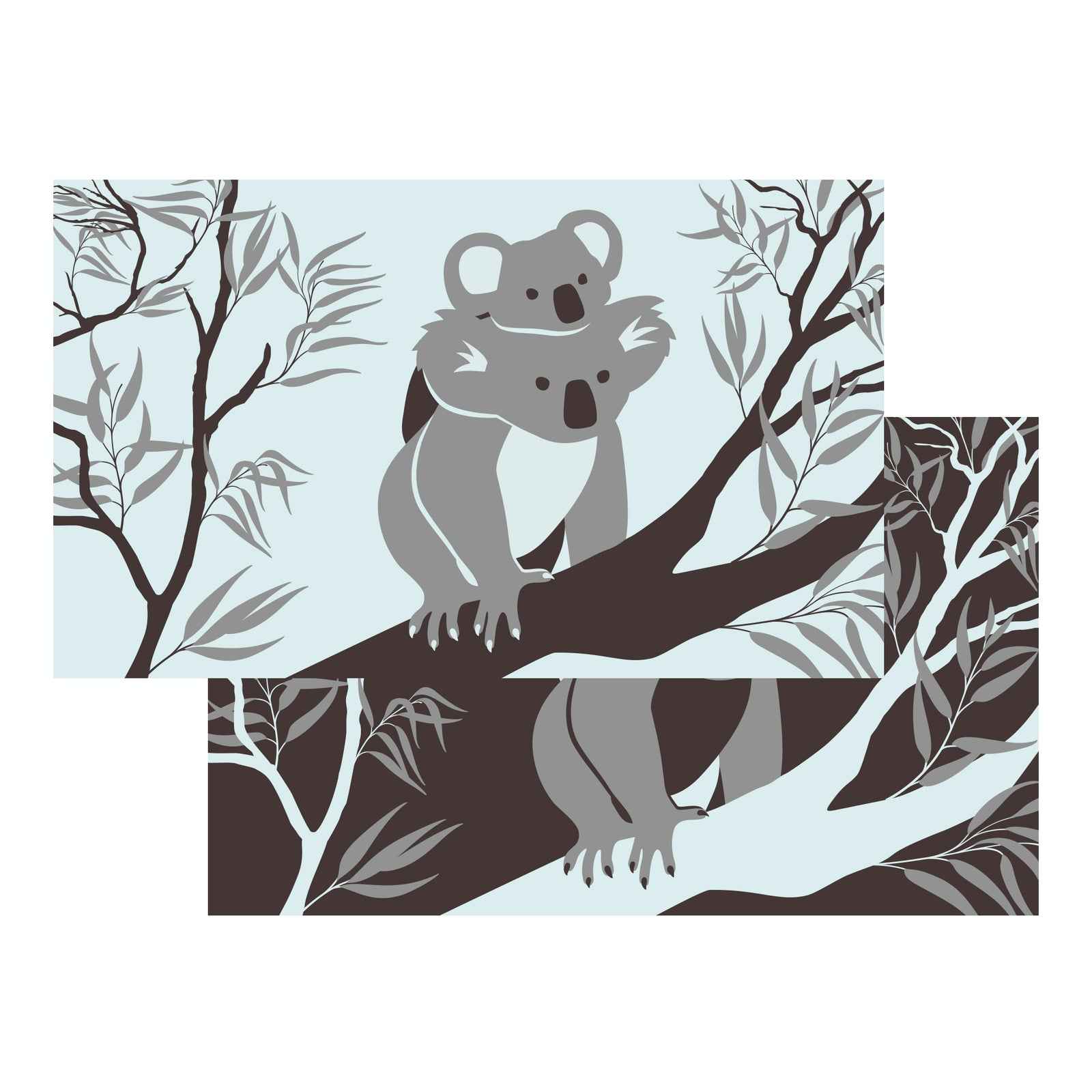 Koala and joey on eucalyptus branch, eco-friendly outdoor mat design for camping, beach, picnics