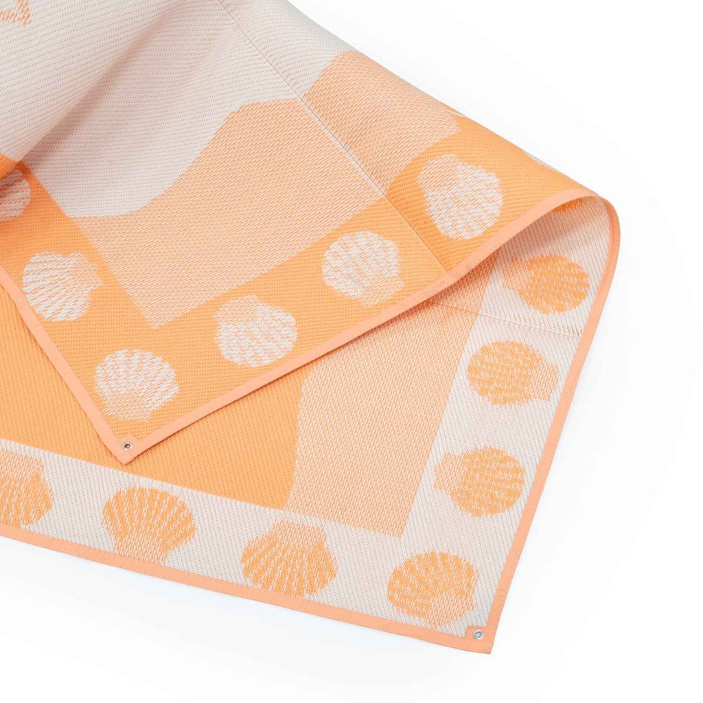 Orange and white seashell pattern recycled outdoor mat for beach, picnic, camping