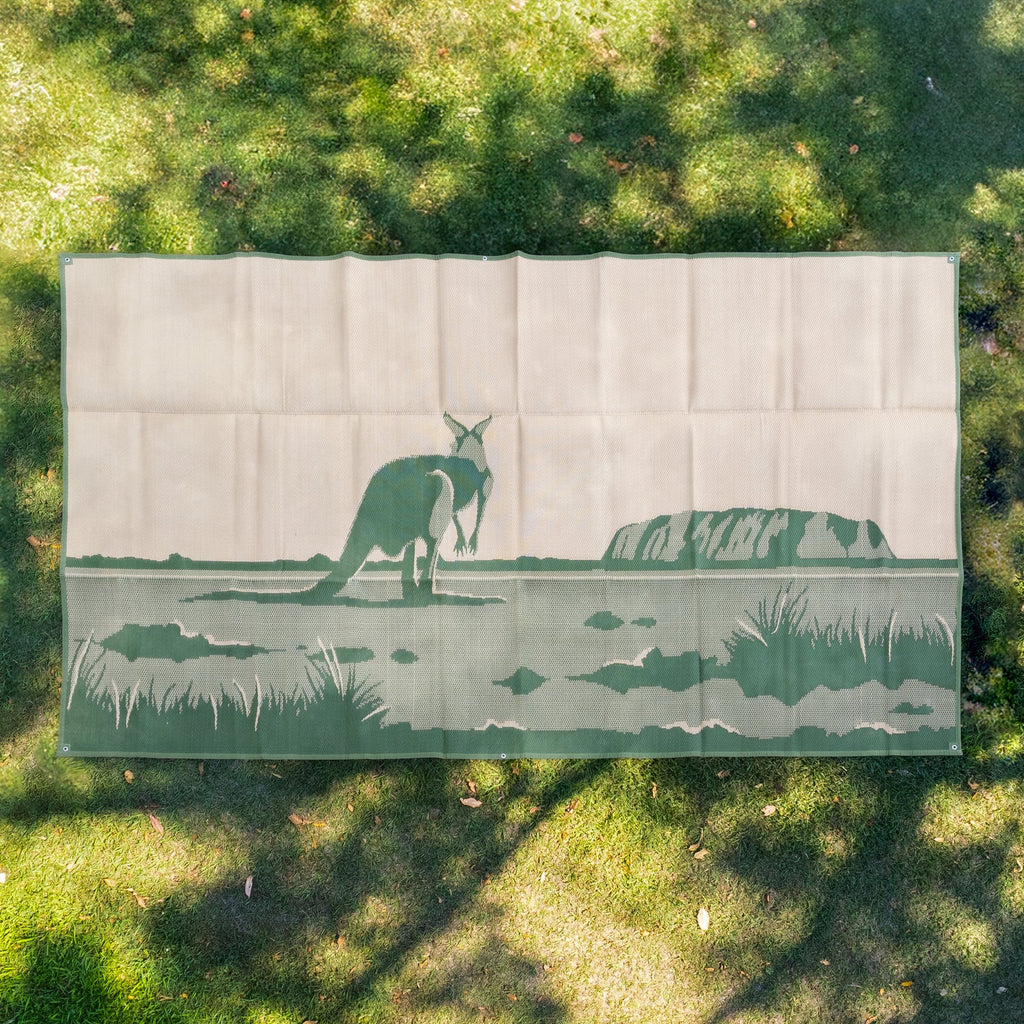 Eco-friendly outdoor mat with kangaroo design, perfect for picnics, camping, or beach days on grass.