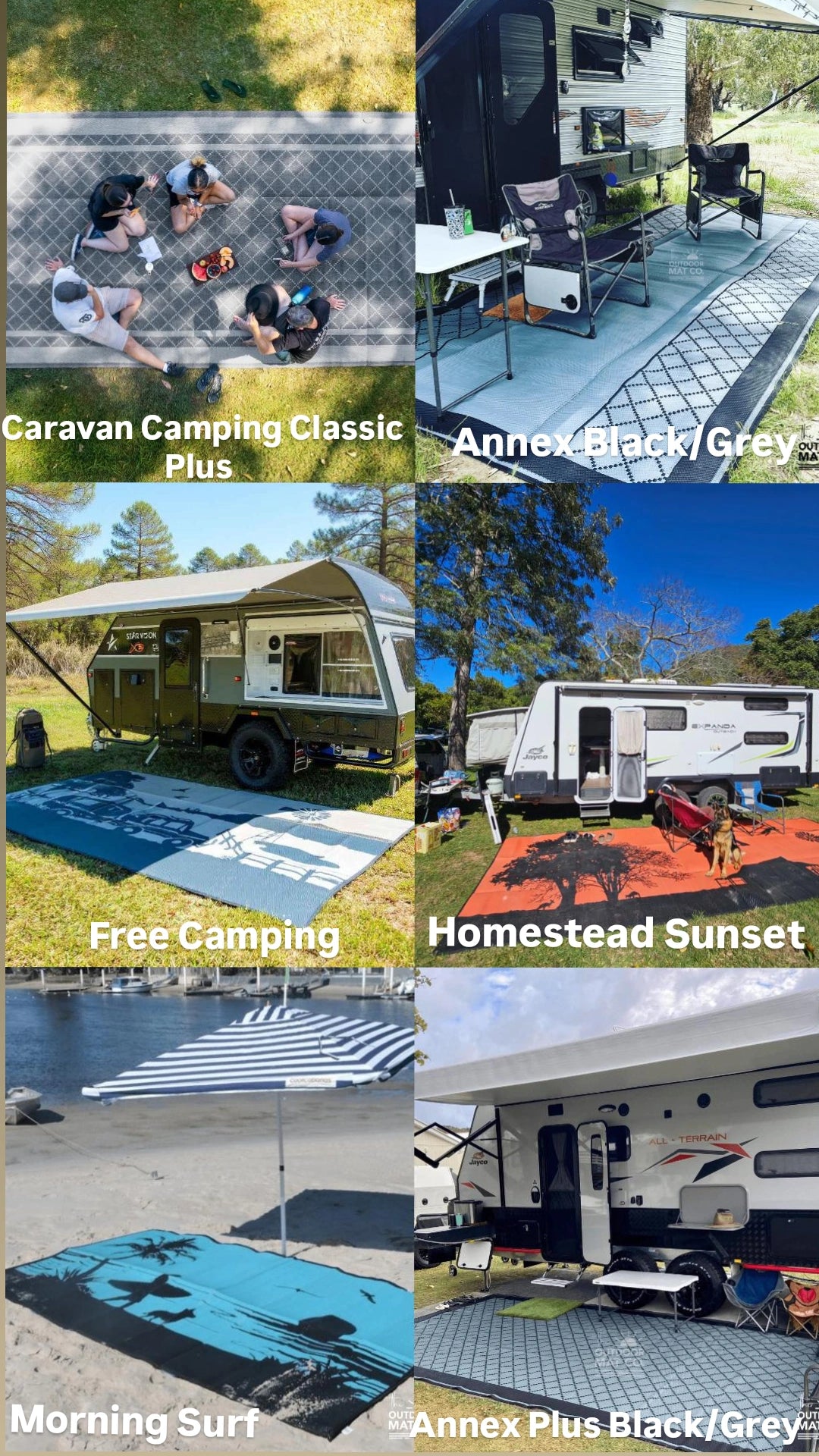 Recycled outdoor mats for camping, caravans, picnics & beach days — durable, sand-friendly, eco-friendly designs
