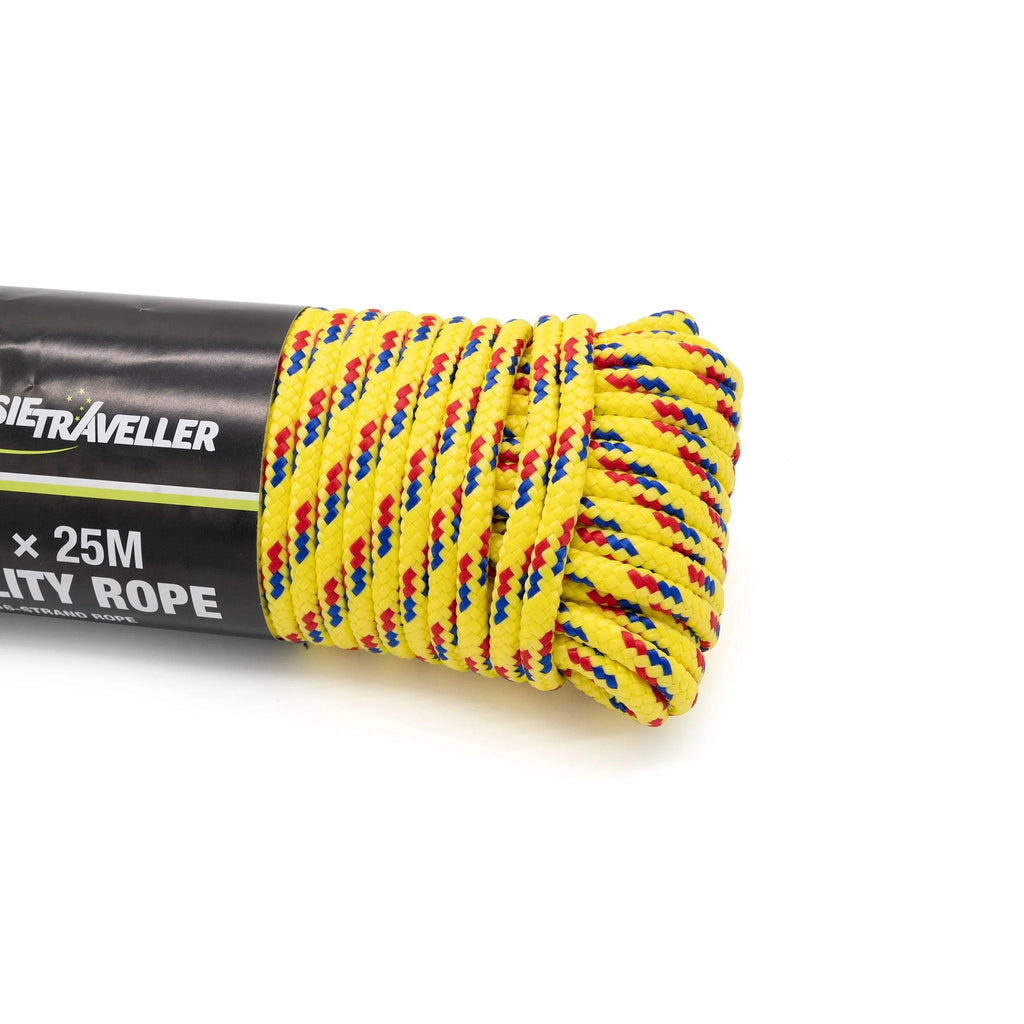 Yellow 25m utility rope with red and blue strands, coiled for outdoor use