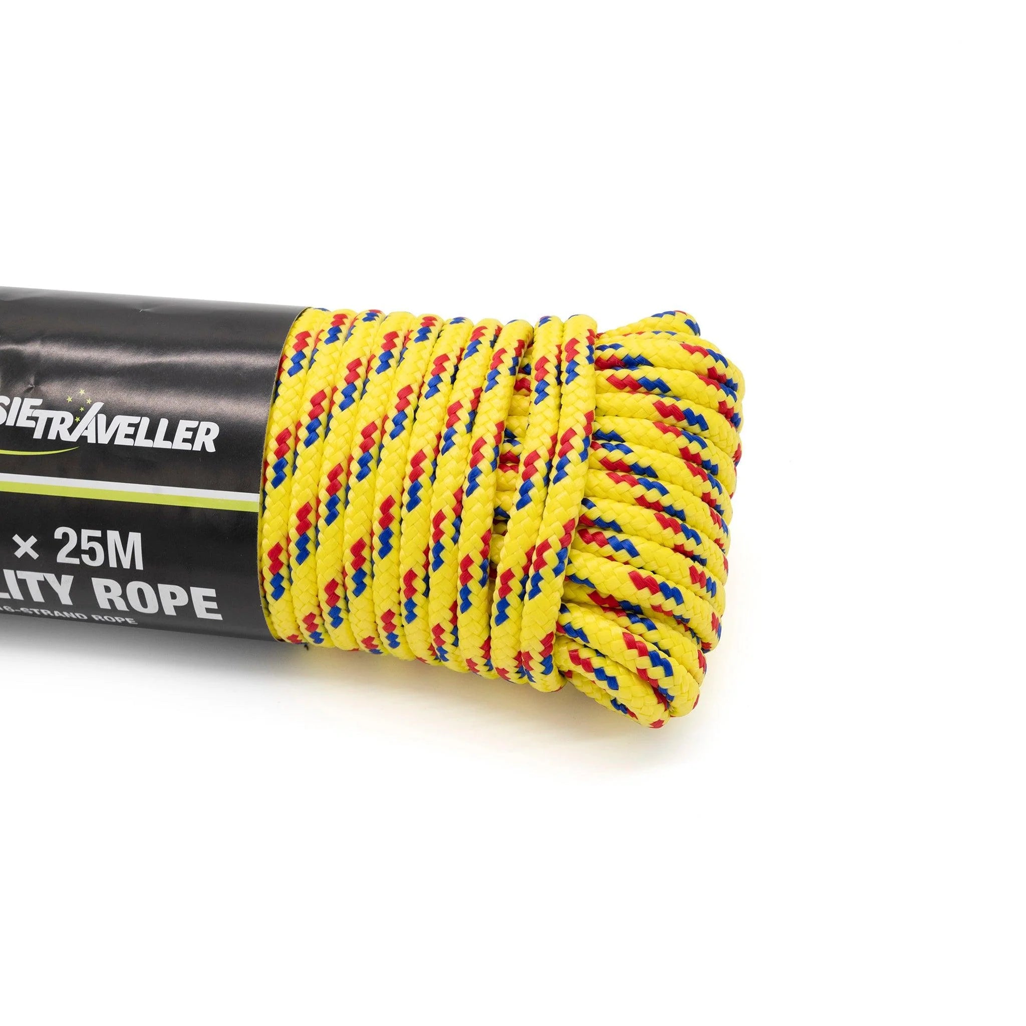 Yellow 25m utility rope with red and blue strands, coiled for outdoor use