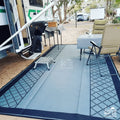 Recycled outdoor mat for caravan camping, featuring durable design with geometric pattern, perfect for sand and grass.