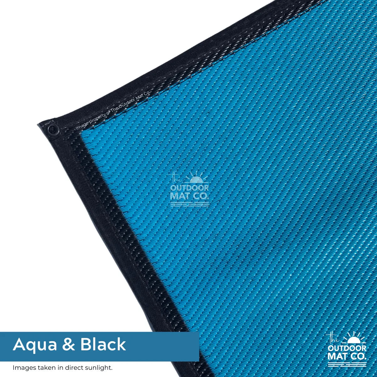 Aqua and black recycled outdoor mat with durable weave, ideal for beach, camping, picnics, and caravans.