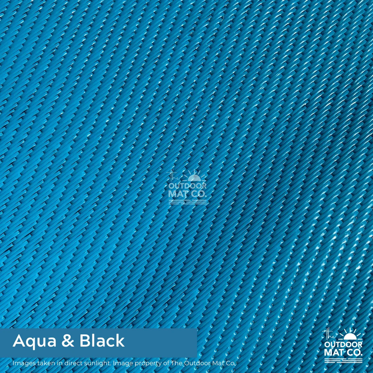 Aqua & black recycled outdoor mat with woven texture, ideal for beach, camping, picnics, and caravans.